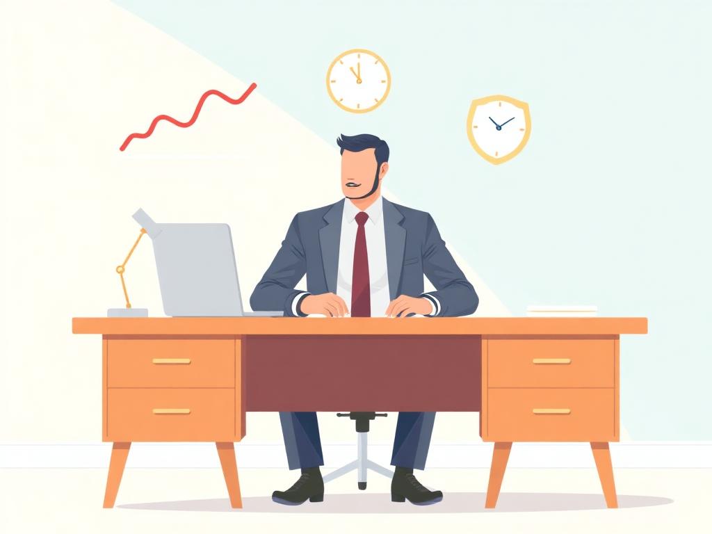Managing partner at a desk with performance, time, and risk icons